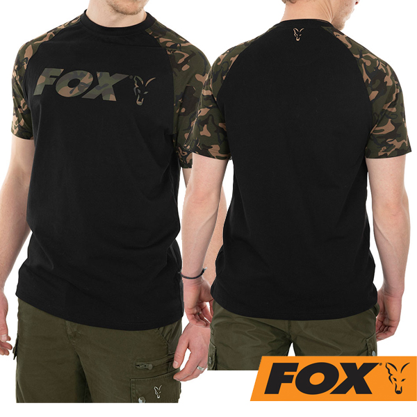 komplette Serie * Fox Neu Karpfenangeln T-Shirt Raglan Schwarz Camo 